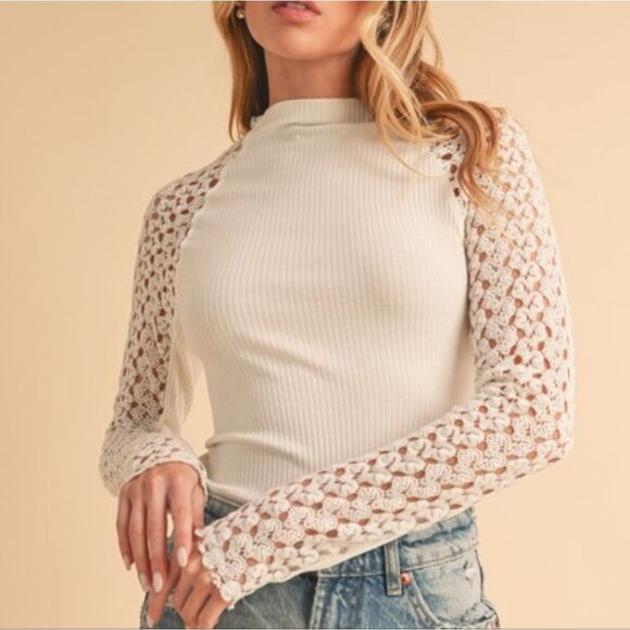 Aemi + Co Women's Casual Mock Neck Lace LS Raglan Knit Top Sz L Beige - Picture 1 of 10